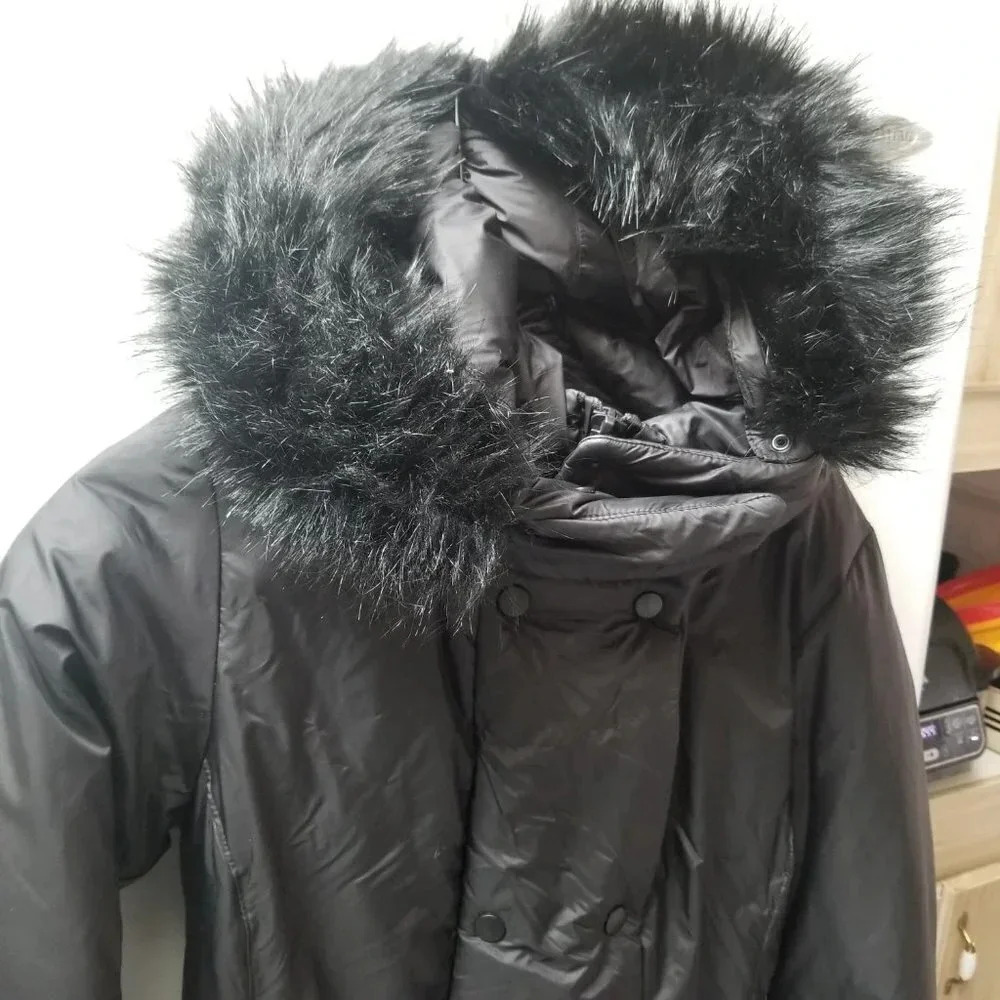 Zara Long Black Puffer Coat Faux Fur Trim Hood XS - Picture 16 of 16